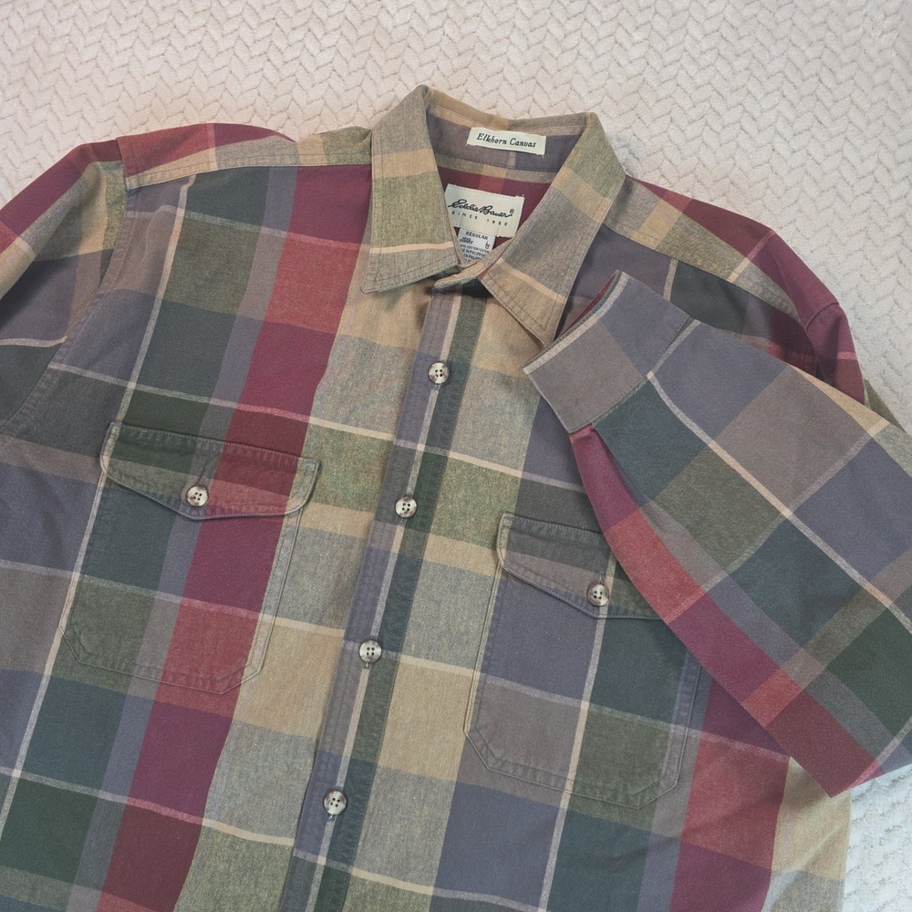 Eddie Bauer Elkhorn Canvas Mens Large Plaid Button Down Shirt Multi Color Cotton